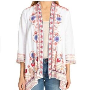 Johnny Was White Linen Cardigan with Red and Blue Embroidery